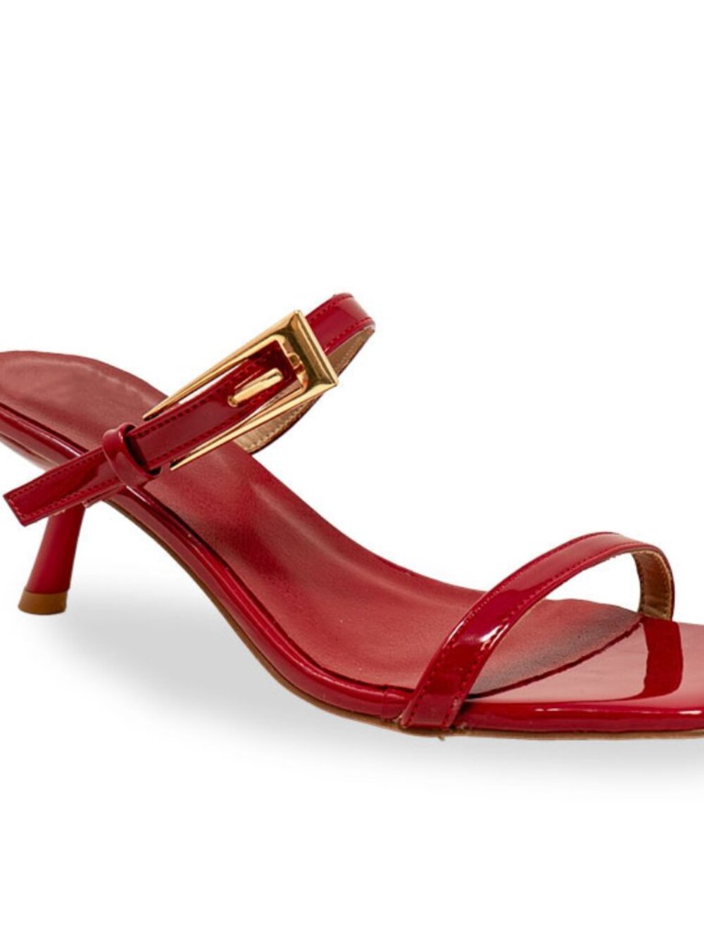 Women’s Patent Kitten Heel Sandals – Square Toe Slide Heels w/ Statement Buckle - Picture 3 of 3